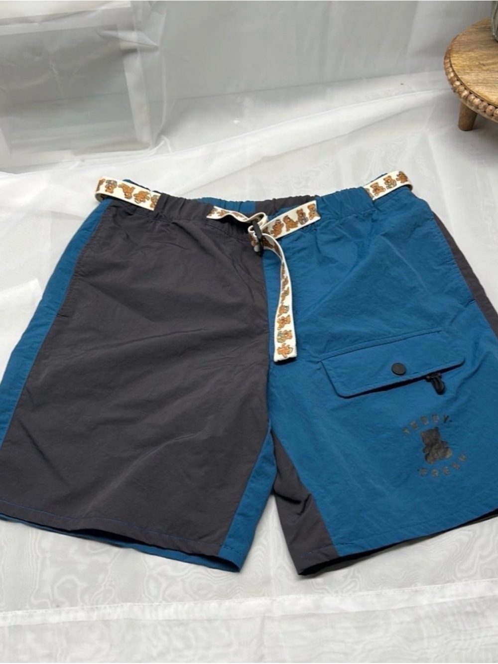 Teddy Fresh Two-Tone Blue & Charcoal Swim Board Shorts with Teddy Print Belt